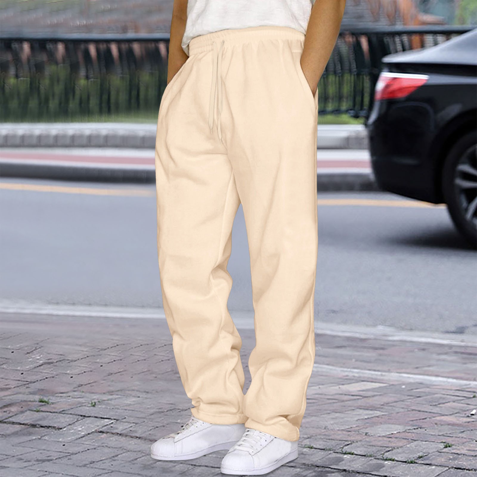 thumbnail image 2 of Pantalones informales de hombre con cordón y pierna recta: cintura elástica, tejido de poliéster, corte holgado para deporte/negocios, diseño de color liso., 2 of 4